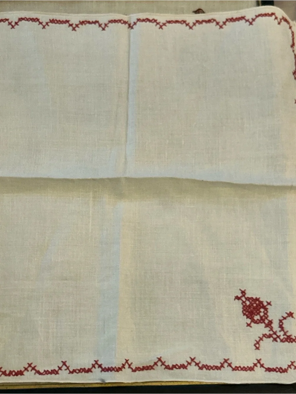 Vintage Embroidered Linen Napkin hankie doilie in Cream cross stitch Red Motif